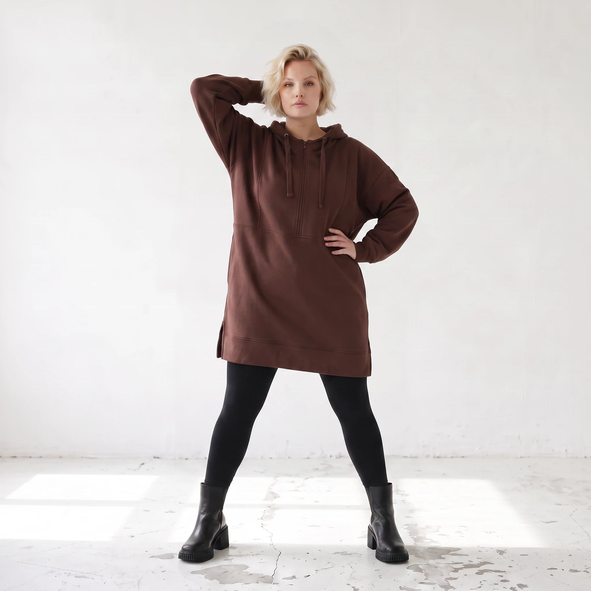 Damen Hoody Lagenlook Baumwolle Braun, gerader Schnitt, Reißverschluss, Oversize große Größen – Rafay