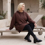 Damen Hoody Lagenlook Baumwolle Braun, gerader Schnitt, Reißverschluss, Oversize große Größen – Rafay