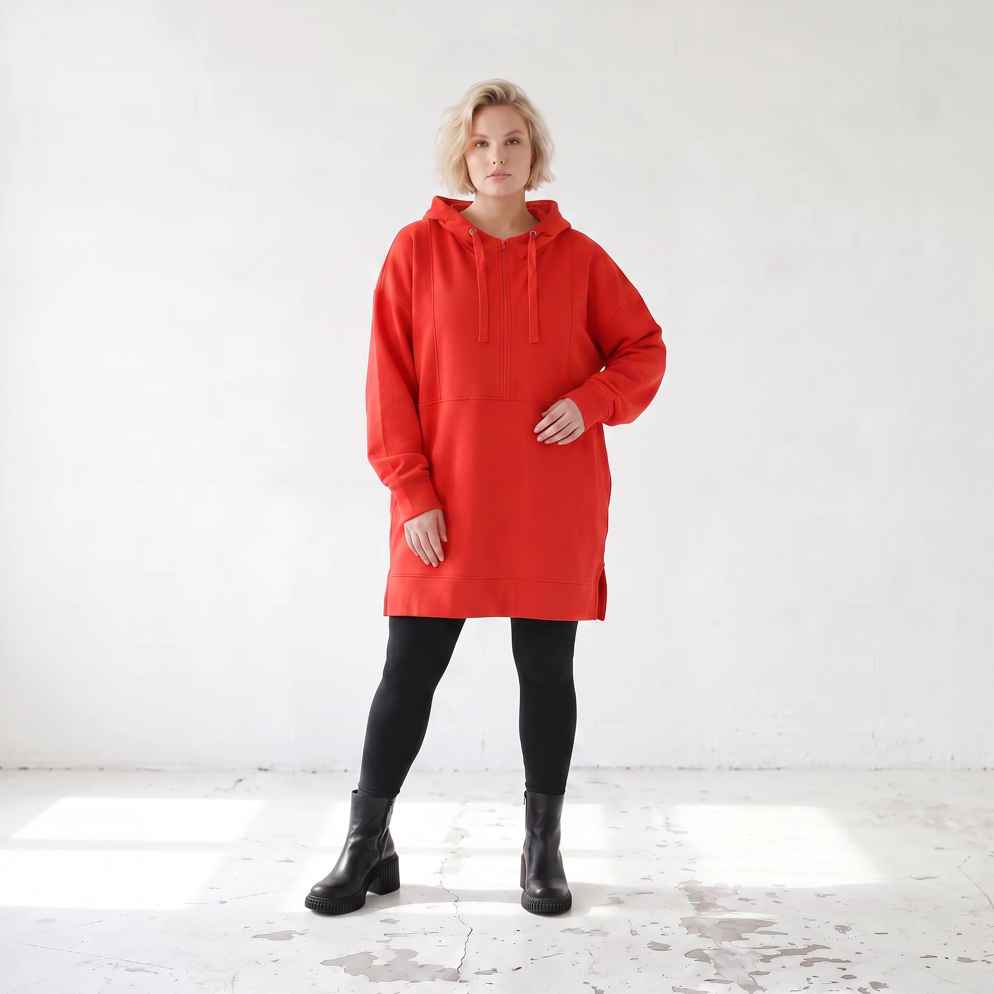 Damen Hoody Lagenlook Baumwolle Rot, gerader Schnitt, Reißverschluss, Oversize große Größen – Rafay