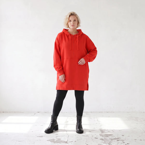 Damen Hoody Lagenlook Baumwolle Rot, gerader Schnitt, Reißverschluss, Oversize große Größen – Rafay
