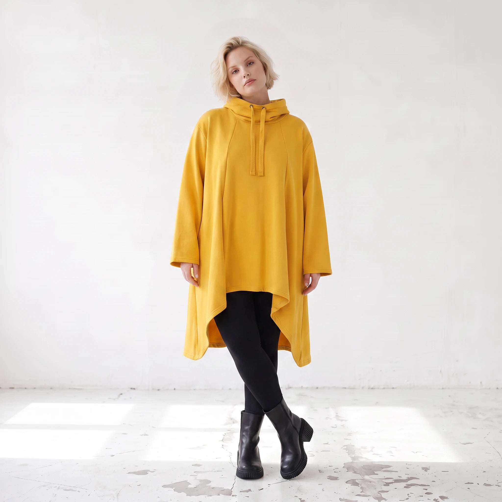 Damen Shirt Lagenlook Baumwolle Senfgelb, Vokuhila, Langarm, Daumenloch, Oversize große Größen – Rafay