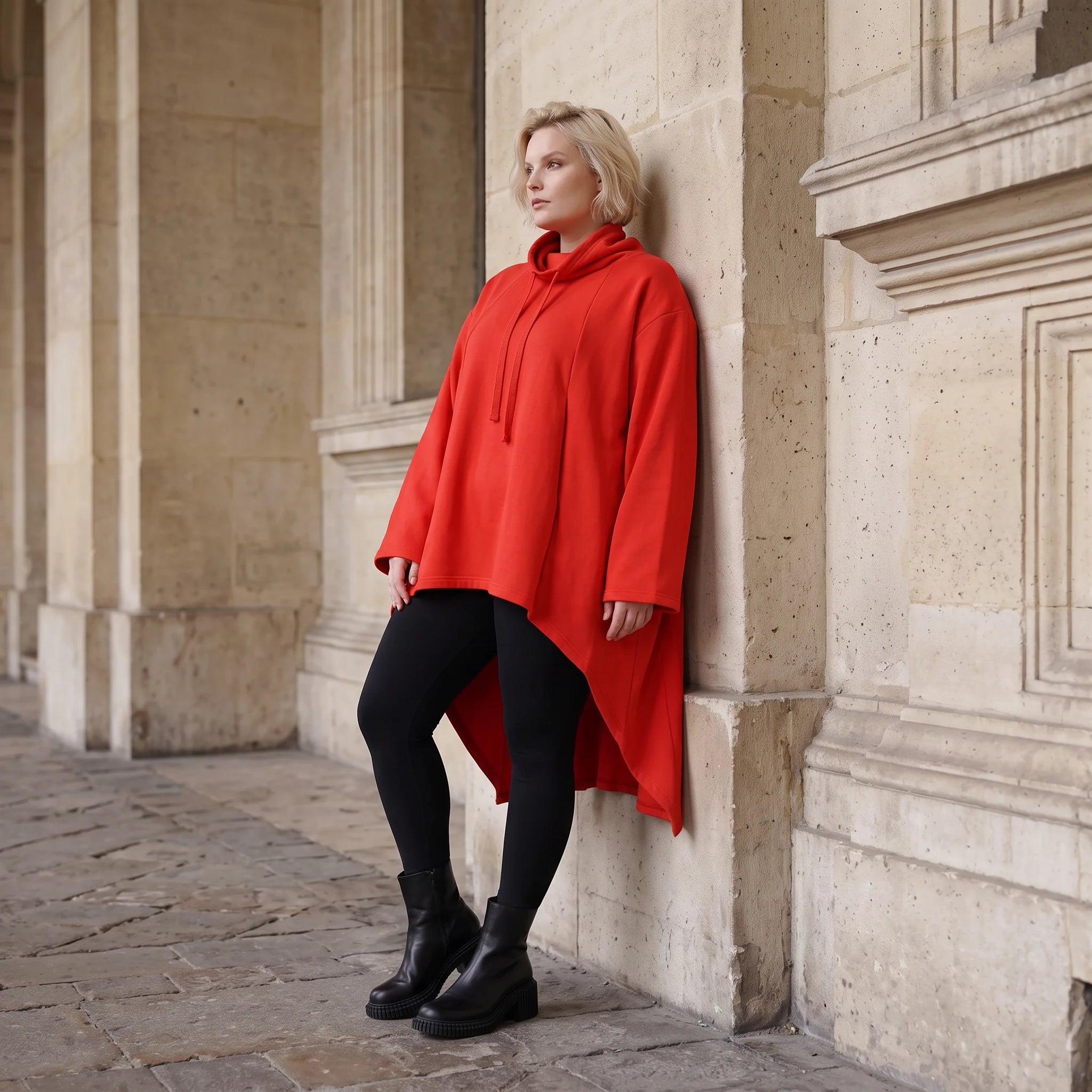 Damen Shirt Lagenlook Baumwolle Rot, Vokuhila, Langarm, Nahttaschen, Oversize große Größen – Rafay