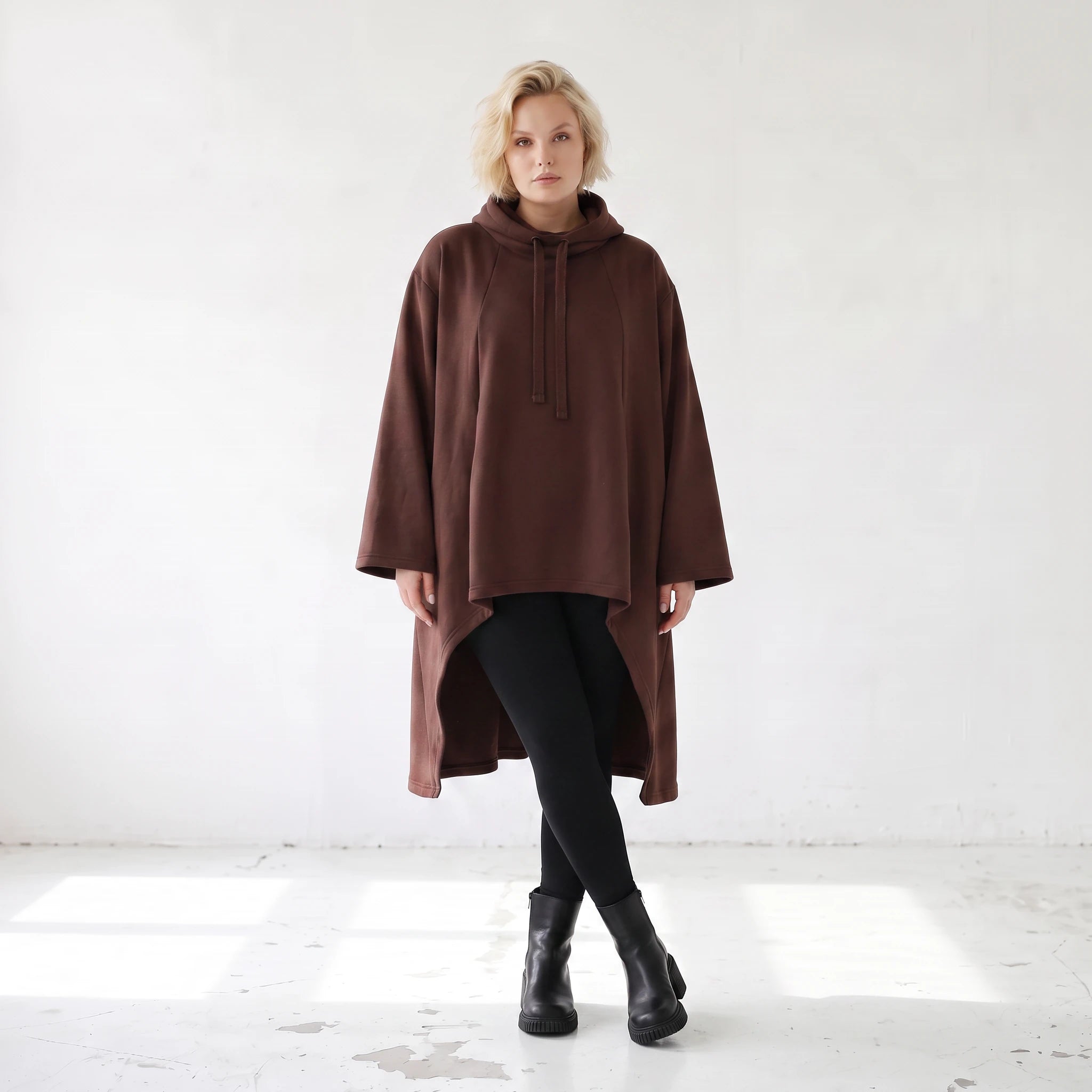 Damen Shirt Lagenlook Baumwolle Schokobraun, Vokuhila, Langarm, Daumenloch, Oversize große Größen – Rafay