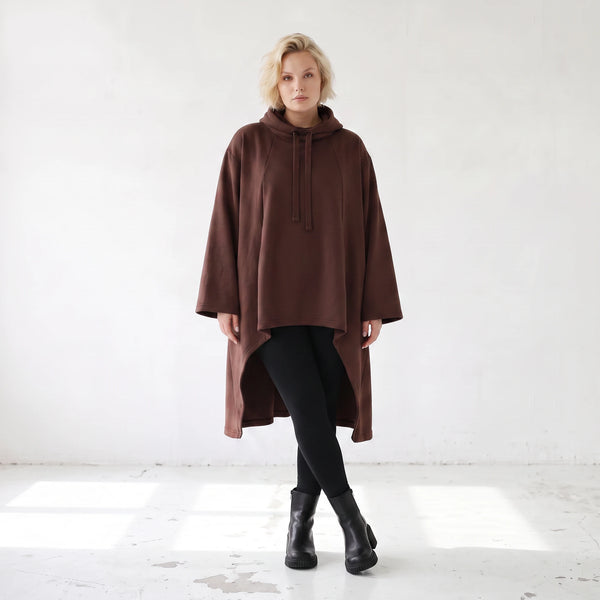 Damen Shirt Lagenlook Baumwolle Schokobraun, Vokuhila, Langarm, Daumenloch, Oversize große Größen – Rafay