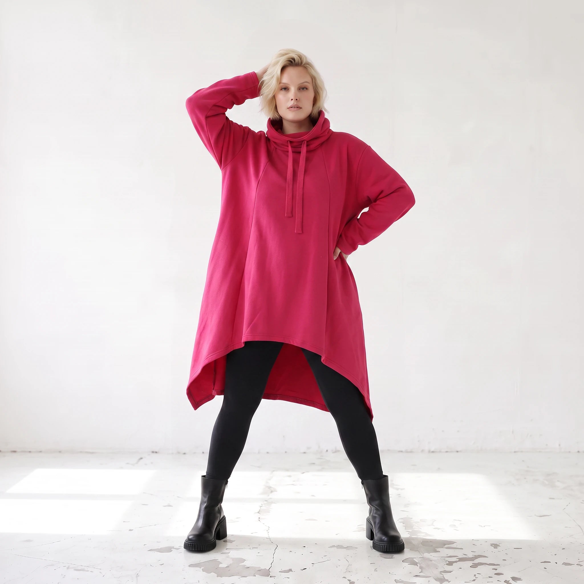 Damen Shirt Lagenlook Baumwolle Pink, Vokuhila, Langarm, Daumenloch, Oversize große Größen – Rafay