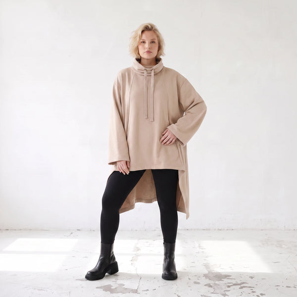 Damen Shirt Lagenlook Baumwolle Sand, Vokuhila, Langarm, Daumenloch, Oversize große Größen – Rafay