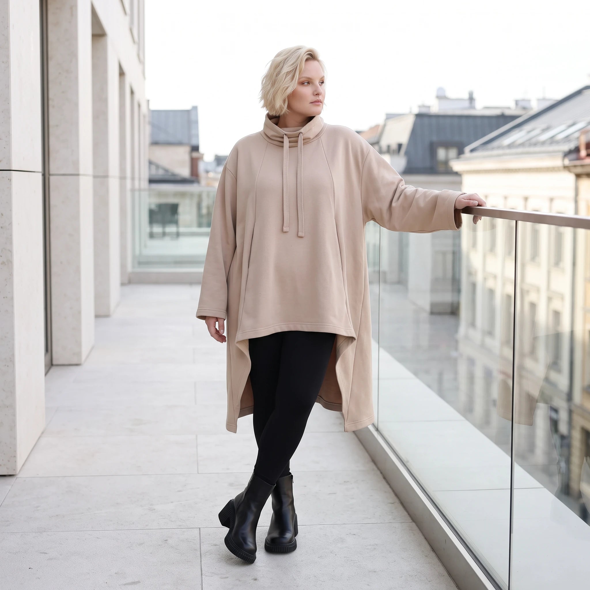 Damen Shirt Lagenlook Baumwolle Sand, Vokuhila, Langarm, Daumenloch, Oversize große Größen – Rafay