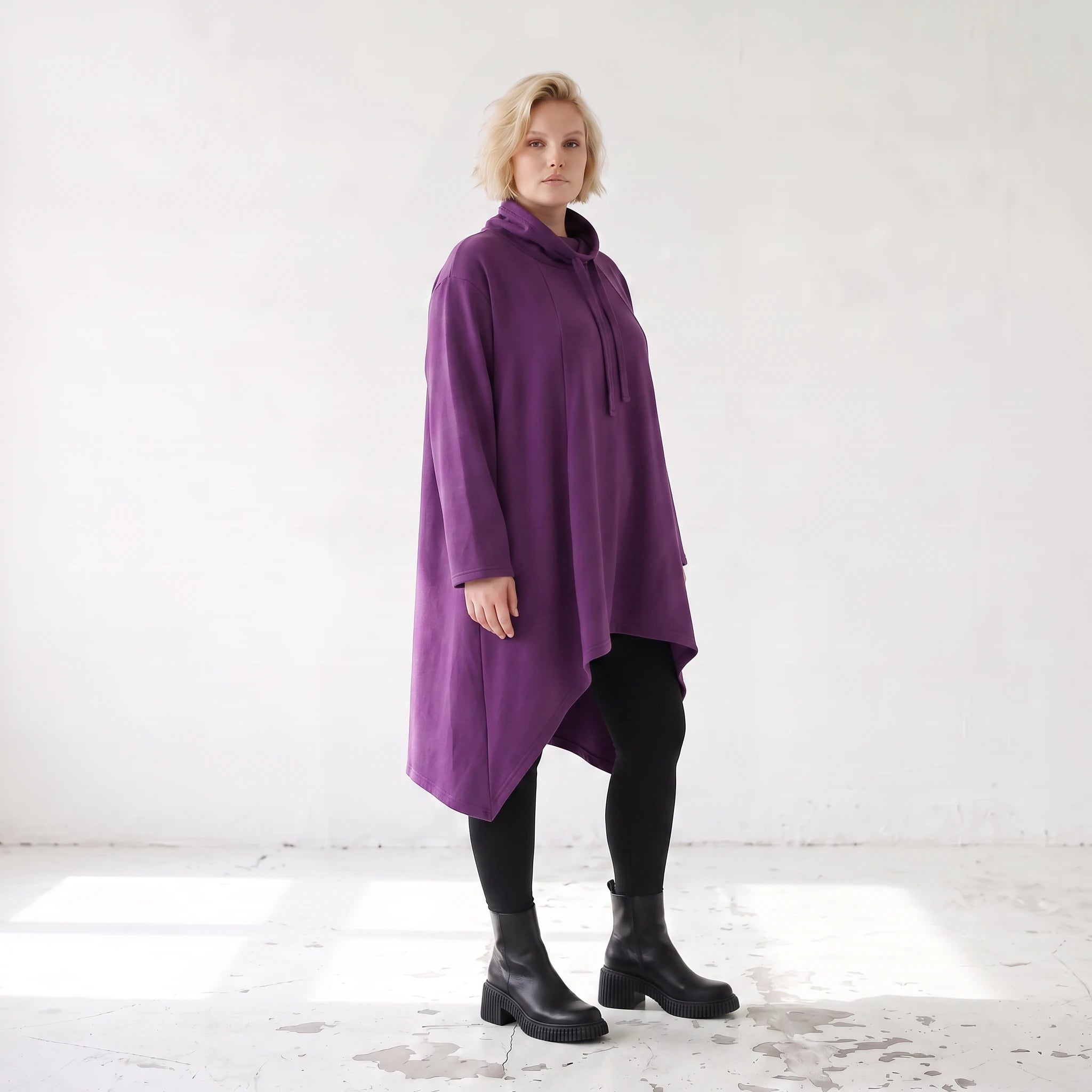 Damen Shirt Lagenlook Baumwolle Lila, Vokuhila, Langarm, Nahttaschen, Oversize große Größen – Rafay