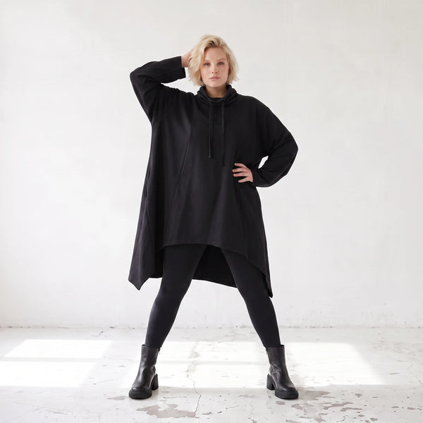 Damen Shirt Lagenlook Baumwolle Schwarz, Vokuhila, Langarm, Daumenloch, Oversize große Größen – Rafay