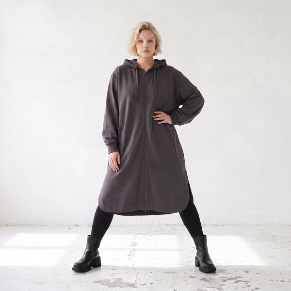 Dunkelgraue Kapuzenjacke aus weicher Baumwolle in Fleece French Terry mit Reißverschluss