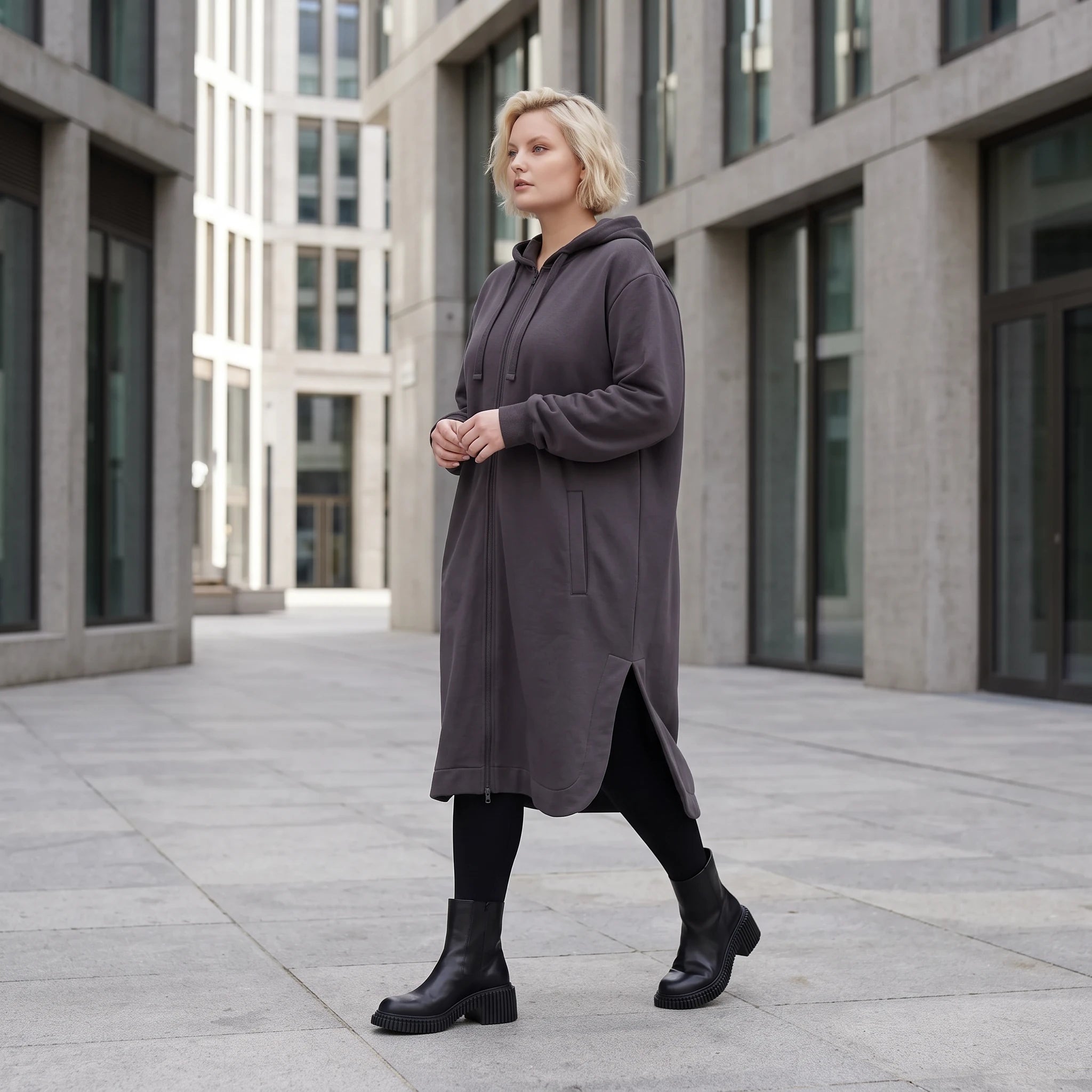 Dunkelgraue Kapuzenjacke aus weicher Baumwolle in Fleece French Terry mit Reißverschluss