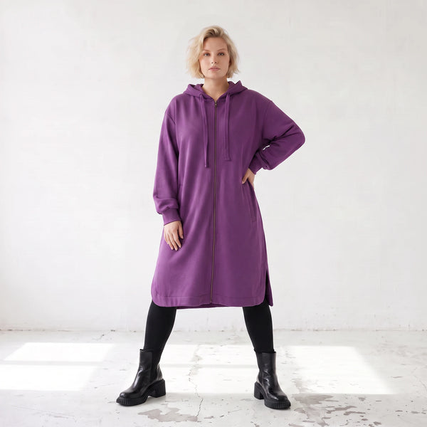 Damen Jacke Lagenlook Baumwolle Lila, gerader Schnitt, Langarm, Reißverschluss, Oversize große Größen – Rafay