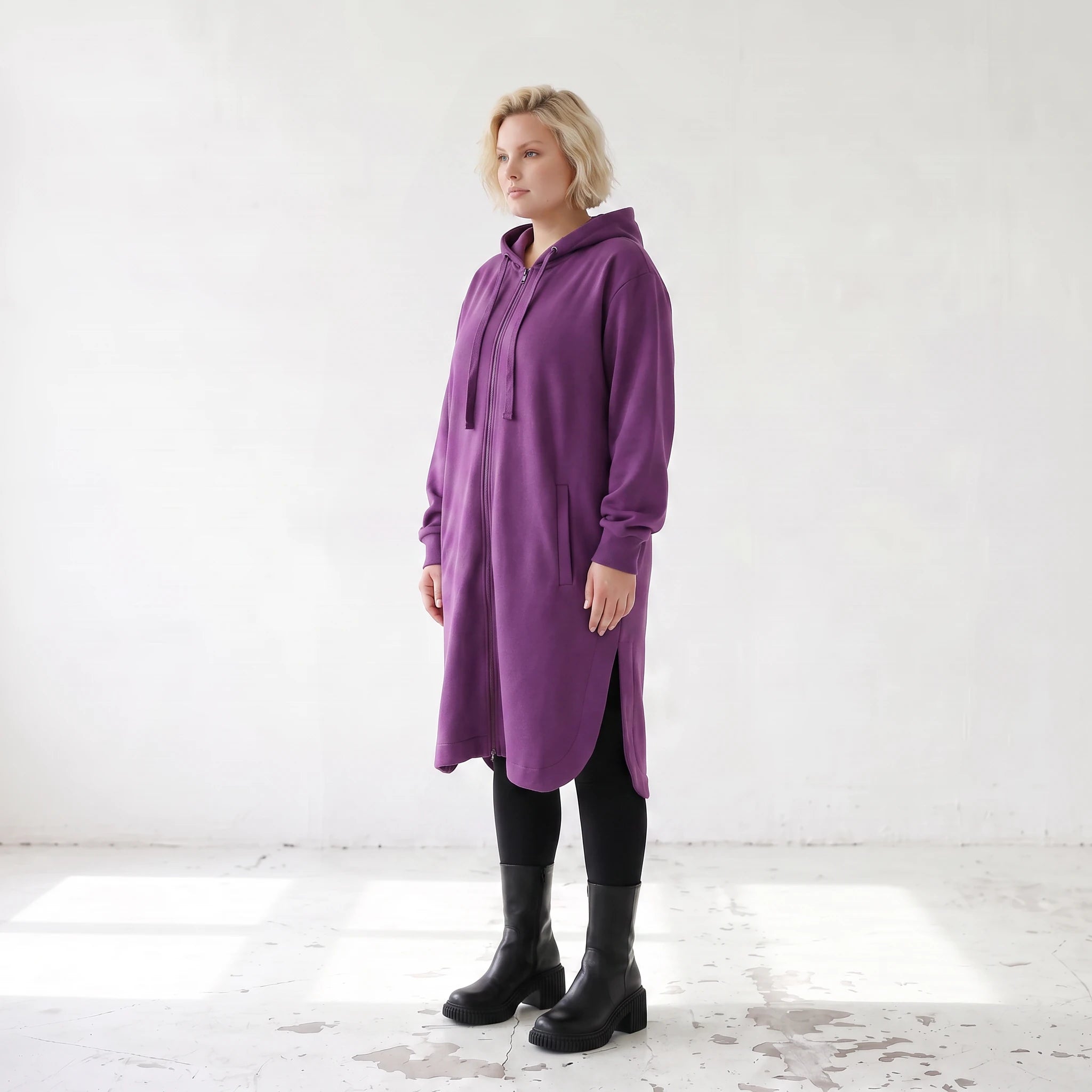 Damen Jacke Lagenlook Baumwolle Lila, gerader Schnitt, Langarm, Reißverschluss, Oversize große Größen – Rafay