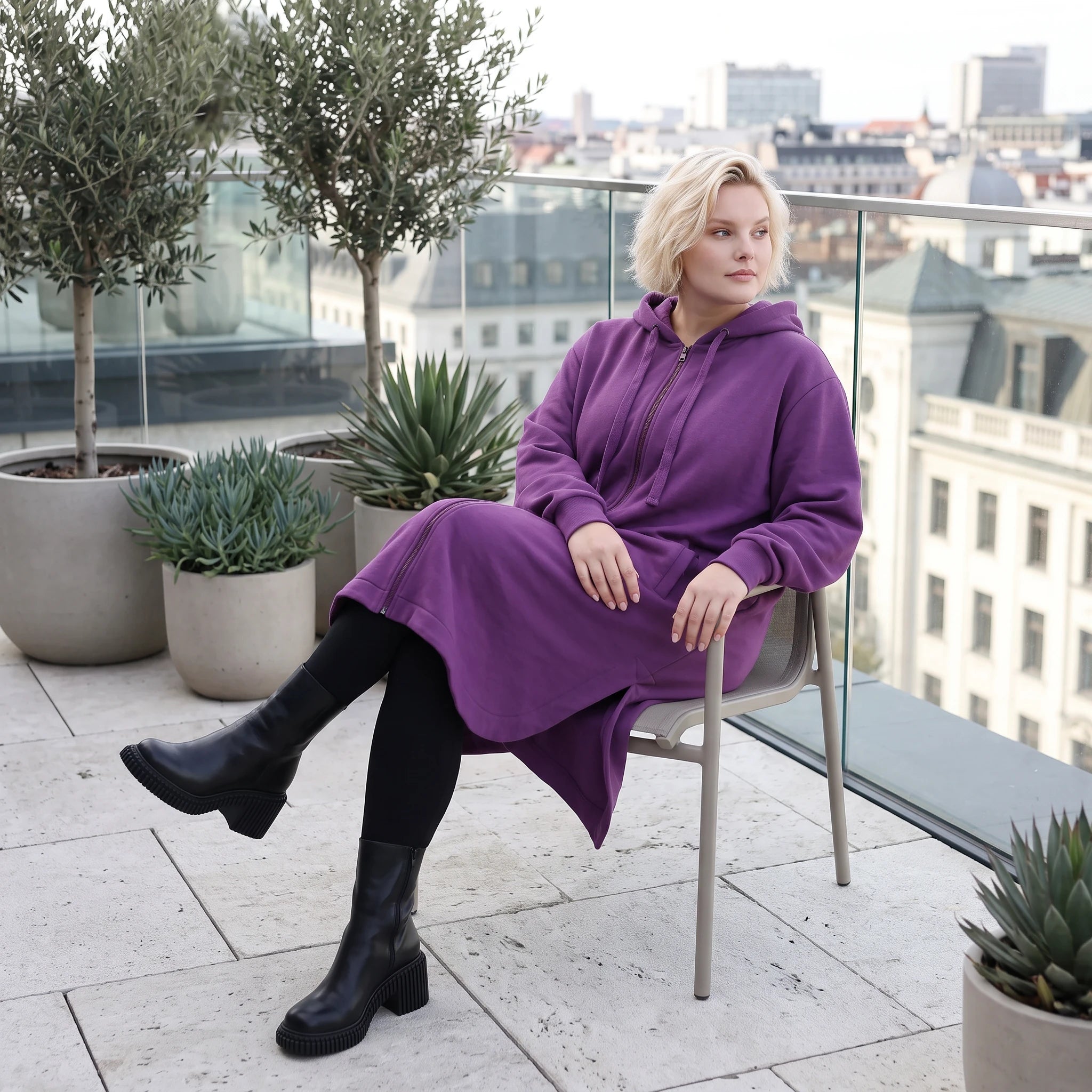 Damen Jacke Lagenlook Baumwolle Lila, gerader Schnitt, Langarm, Reißverschluss, Oversize große Größen – Rafay