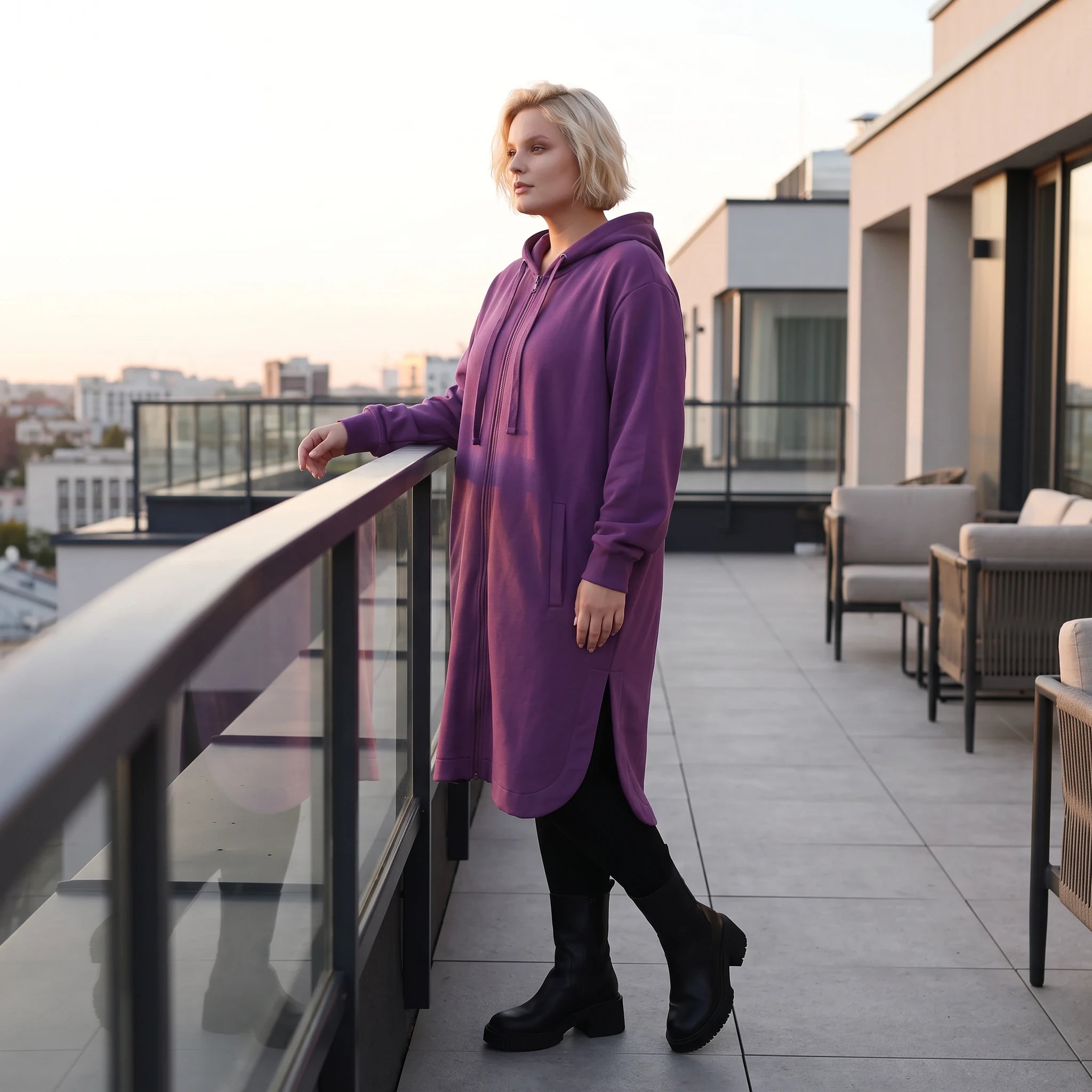 Damen Jacke Lagenlook Baumwolle Lila, gerader Schnitt, Langarm, Reißverschluss, Oversize große Größen – Rafay