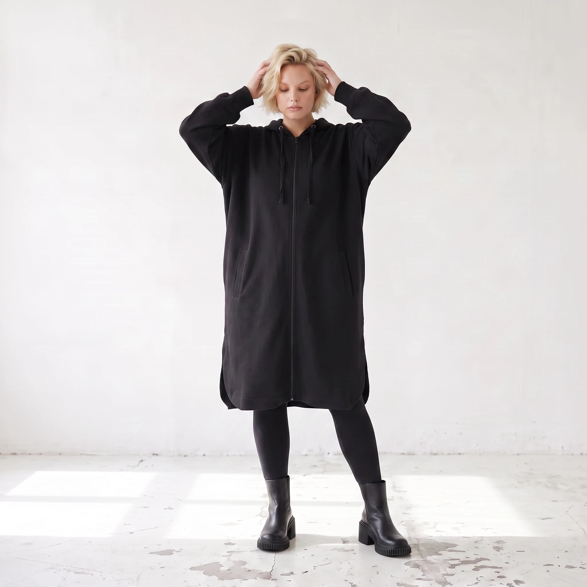 Kapuzenjacke aus Baumwollfleece mit Reißverschluss geradem Schnitt und Seitentaschen vorn