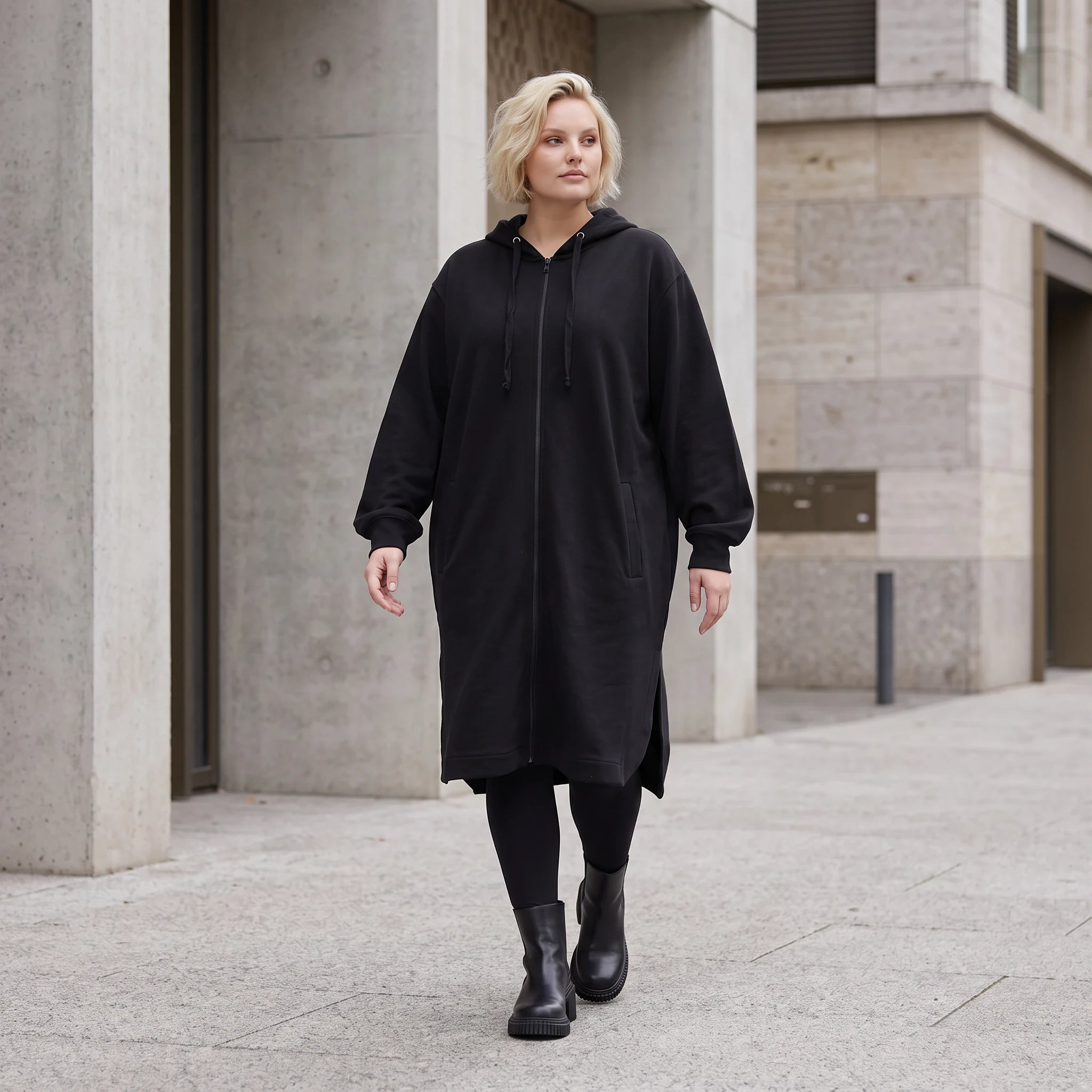 Kapuzenjacke aus Baumwollfleece mit Reißverschluss geradem Schnitt und Seitentaschen vorn