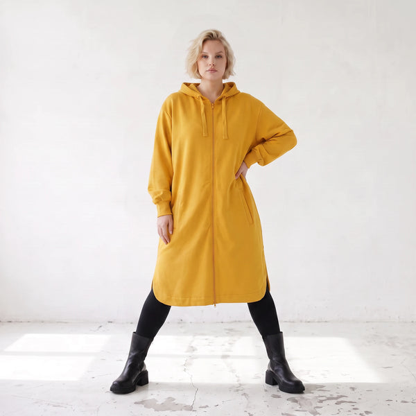 Kapuzenjacke in Senfgelb aus Baumwolle mit French Terry Fleece geradem Schnitt Basic