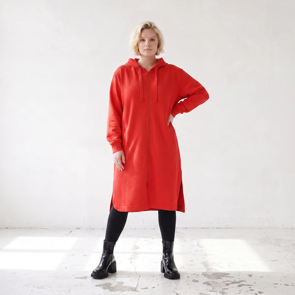 Rote Kapuzenjacke aus French Terry mit Reißverschluss Seitentaschen und geradem Schnitt