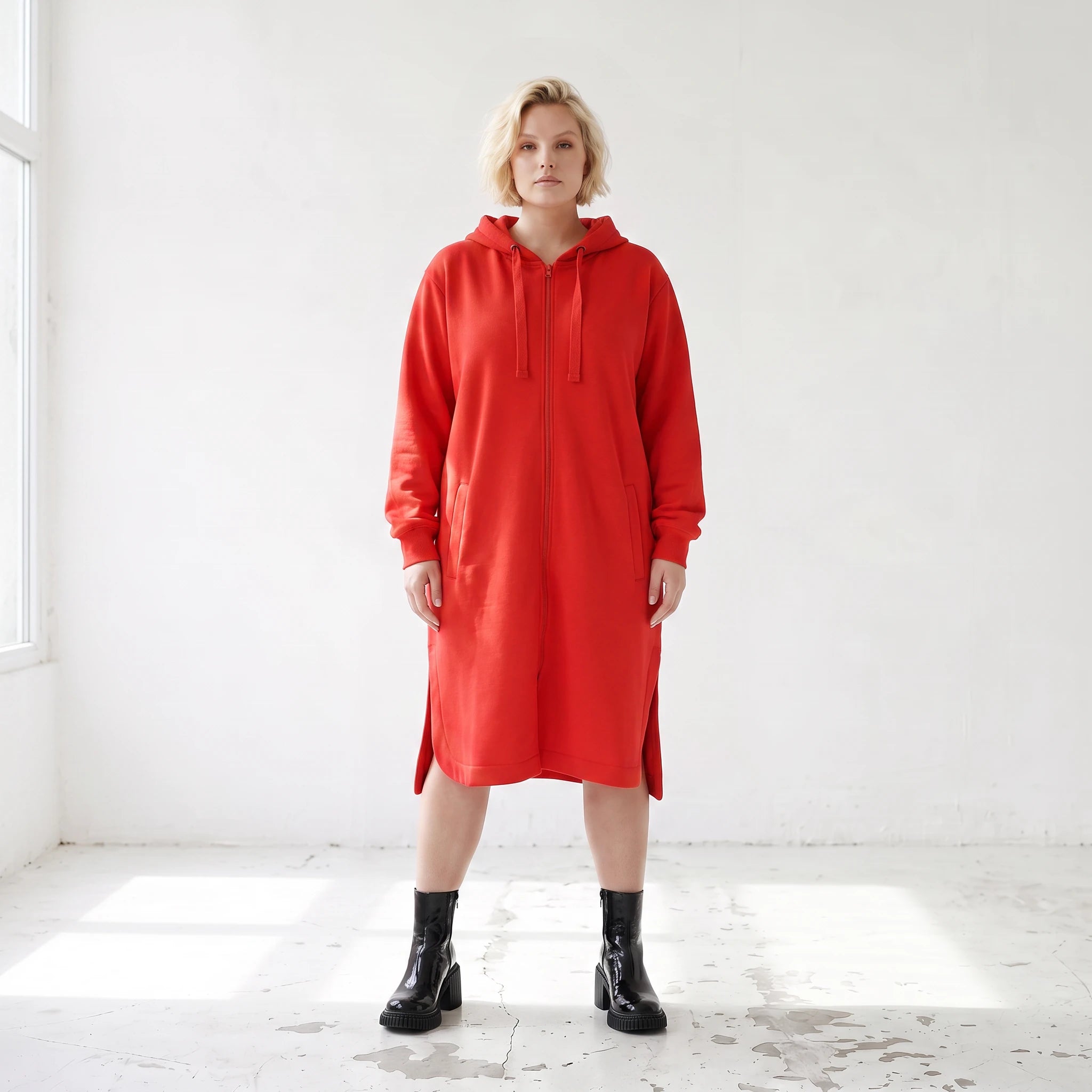 Rote Kapuzenjacke aus French Terry mit Reißverschluss Seitentaschen und geradem Schnitt