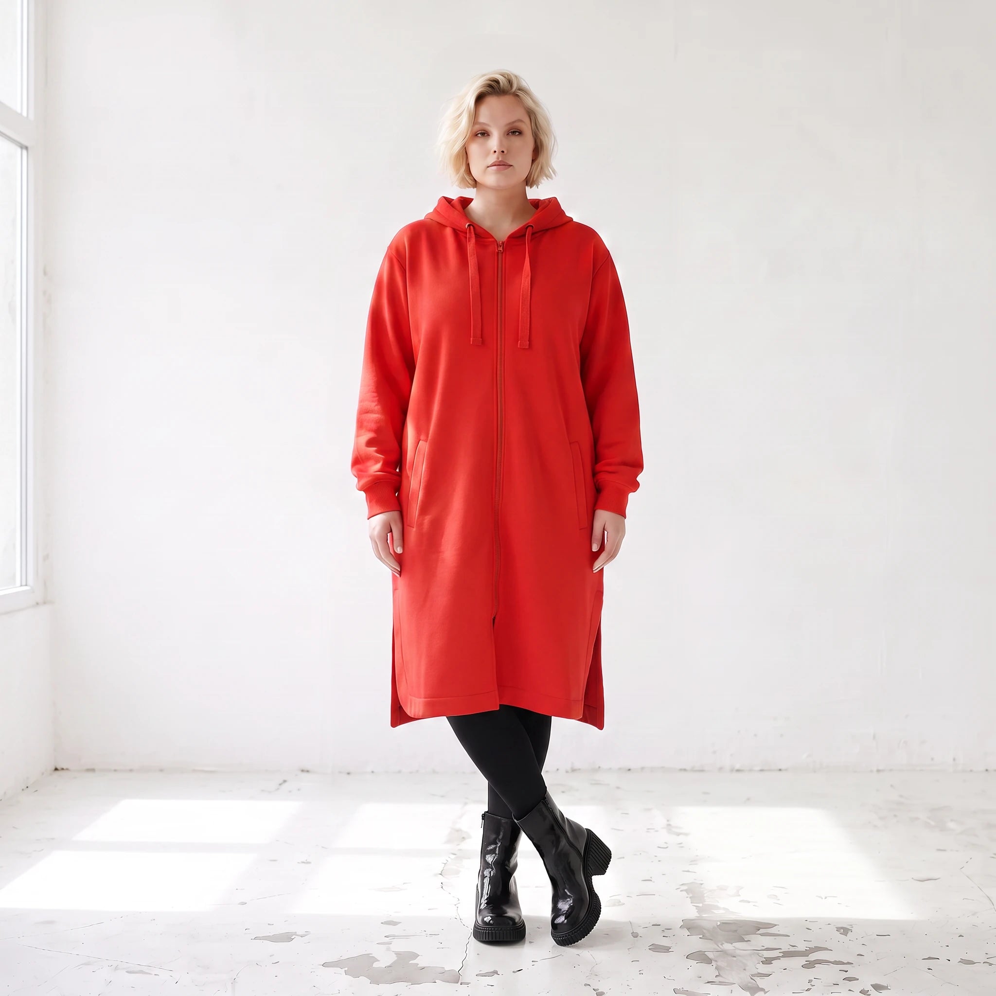 Rote Kapuzenjacke aus French Terry mit Reißverschluss Seitentaschen und geradem Schnitt