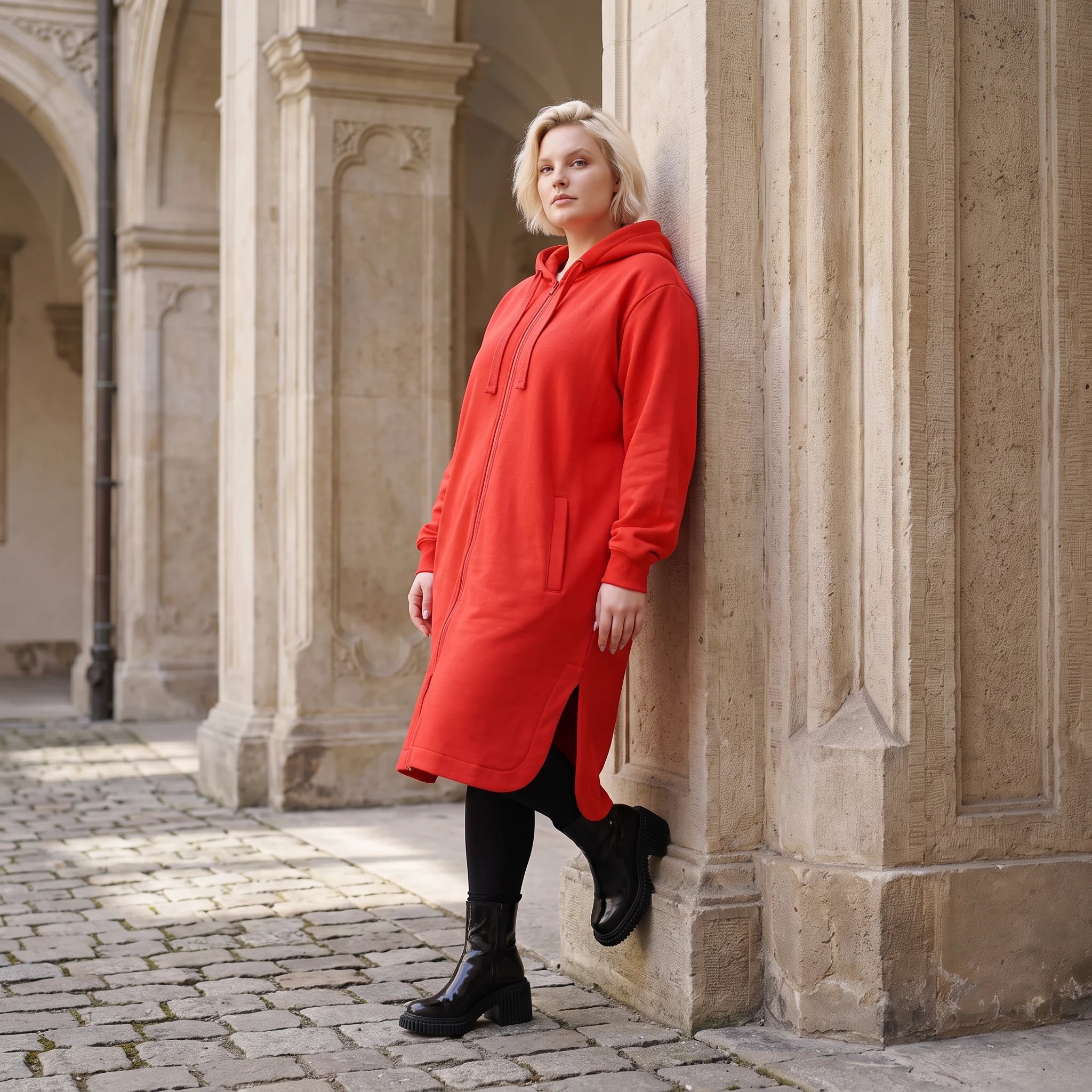Rote Kapuzenjacke aus French Terry mit Reißverschluss Seitentaschen und geradem Schnitt