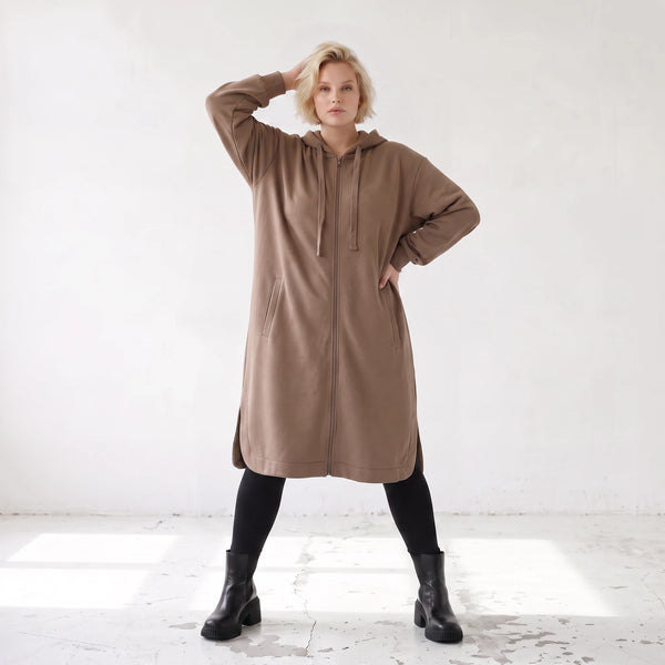 Braune Kapuzenjacke aus Baumwolle in French Terry mit Reißverschluss und Seitentaschen