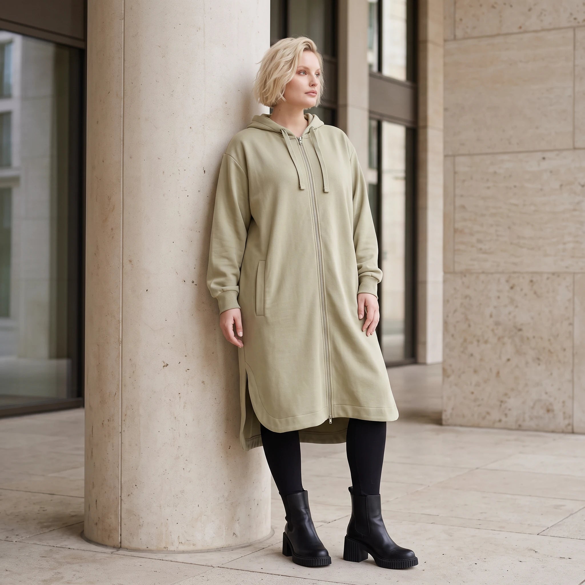 Beige Kapuzenjacke aus Baumwolle in French Terry Qualität mit Reißverschluss Taschen
