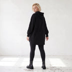 Damen Hoody Lagenlook Baumwolle Schwarz, gerundeter Schnitt, 7/8-Arm, Kängurutasche, Oversize große Größen – Rafay