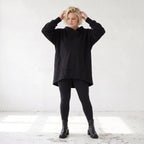 Damen Hoody Lagenlook Baumwolle Schwarz, gerundeter Schnitt, 7/8-Arm, Kängurutasche, Oversize große Größen – Rafay
