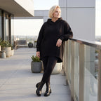 Damen Hoody Lagenlook Baumwolle Schwarz, gerundeter Schnitt, 7/8-Arm, Kängurutasche, Oversize große Größen – Rafay