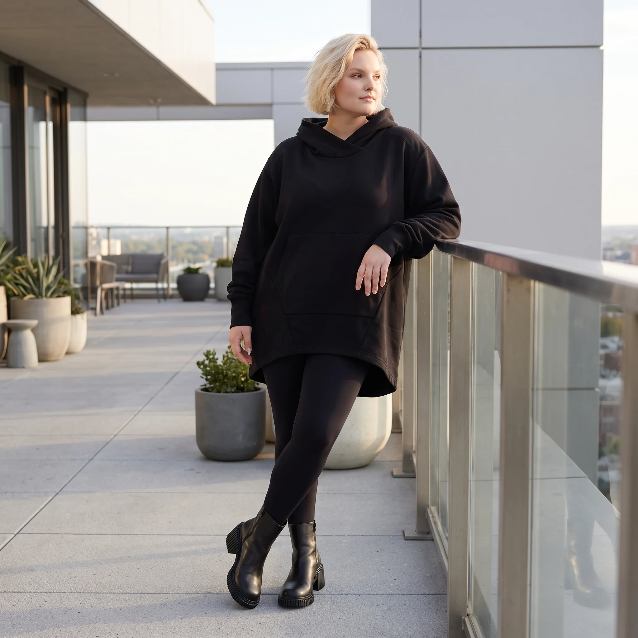 Damen Hoody Lagenlook Baumwolle Schwarz, gerundeter Schnitt, 7/8-Arm, Kängurutasche, Oversize große Größen – Rafay