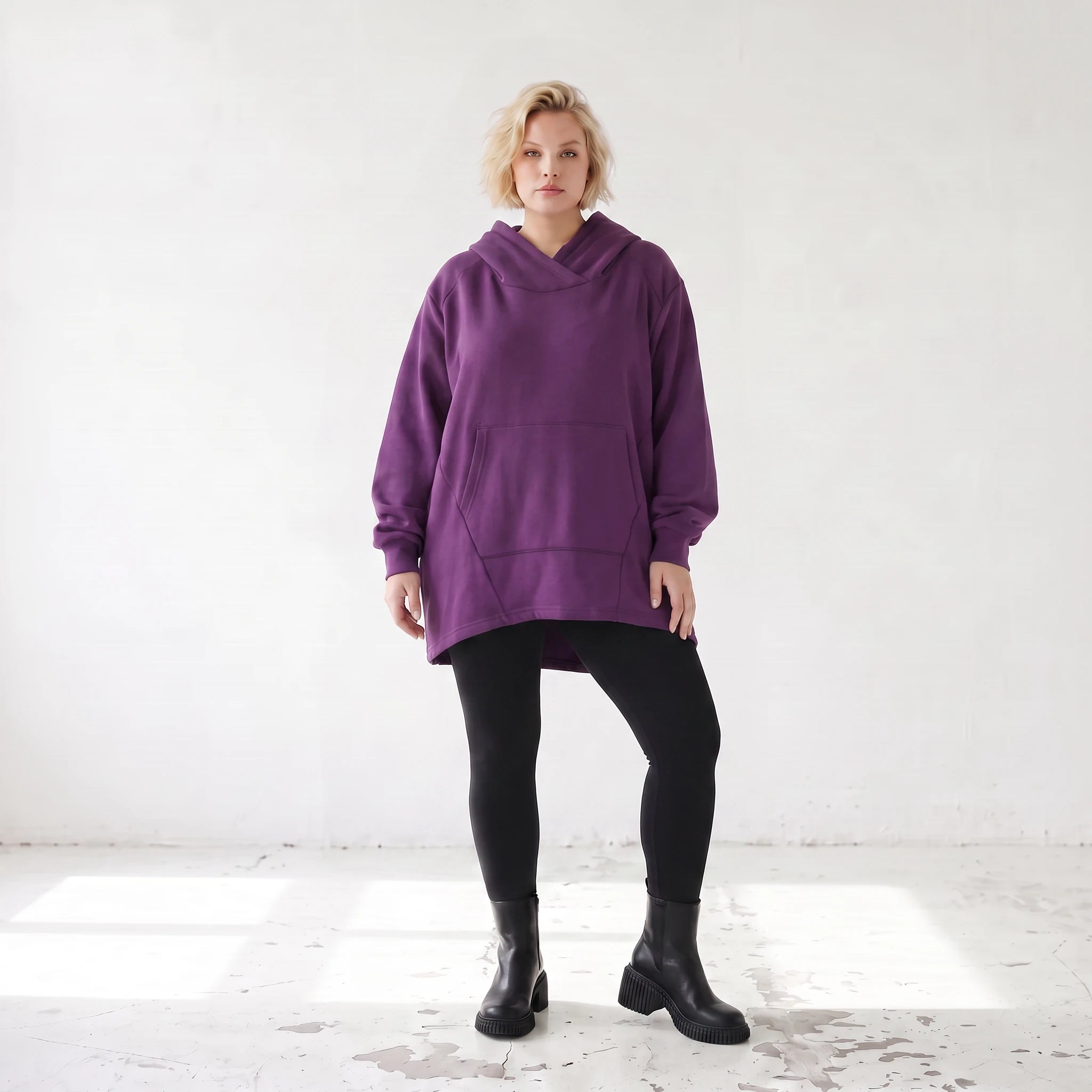 Damen Hoody Lagenlook Baumwolle Lila, gerundeter Schnitt, 7/8-Arm, Kängurutasche, Oversize große Größen – Rafay