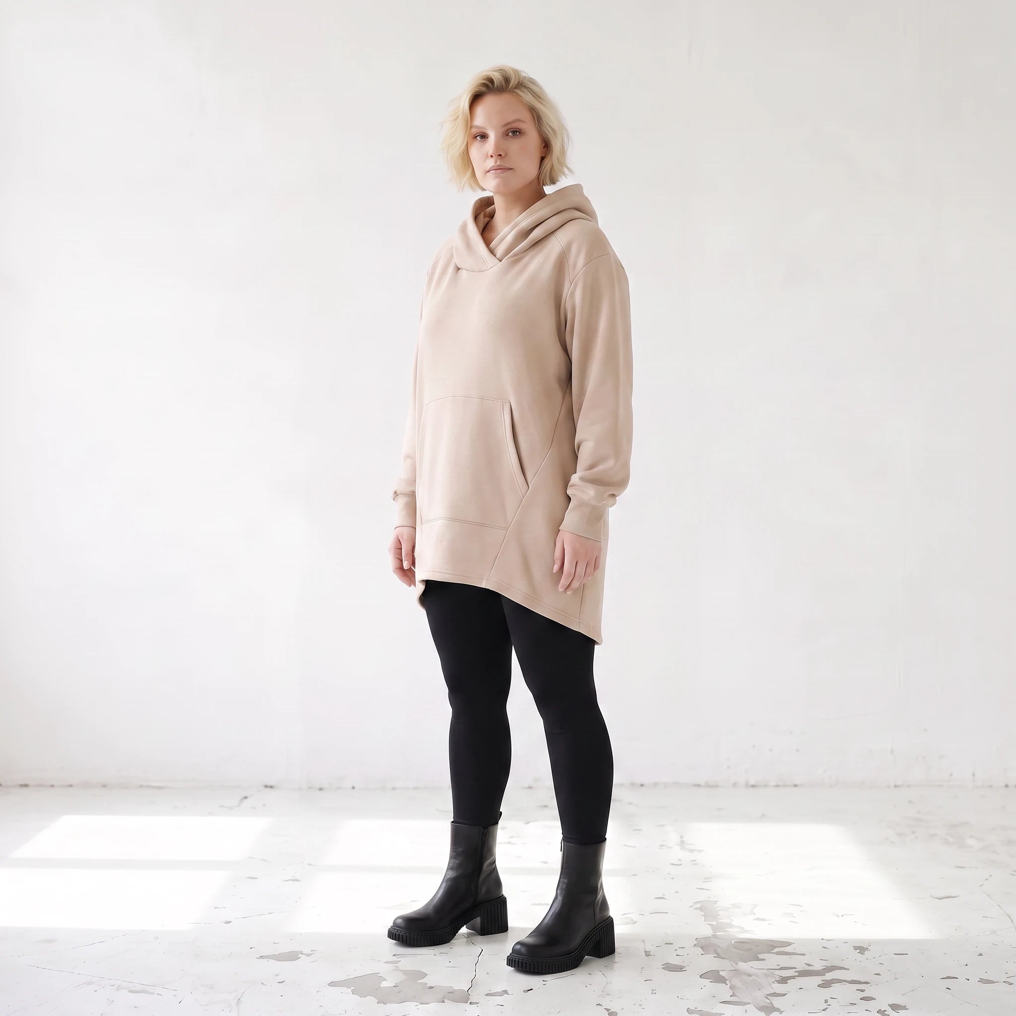 Damen Hoody Lagenlook Baumwolle Sand, gerundeter Schnitt, 7/8-Arm, Kängurutasche, Oversize große Größen – Rafay