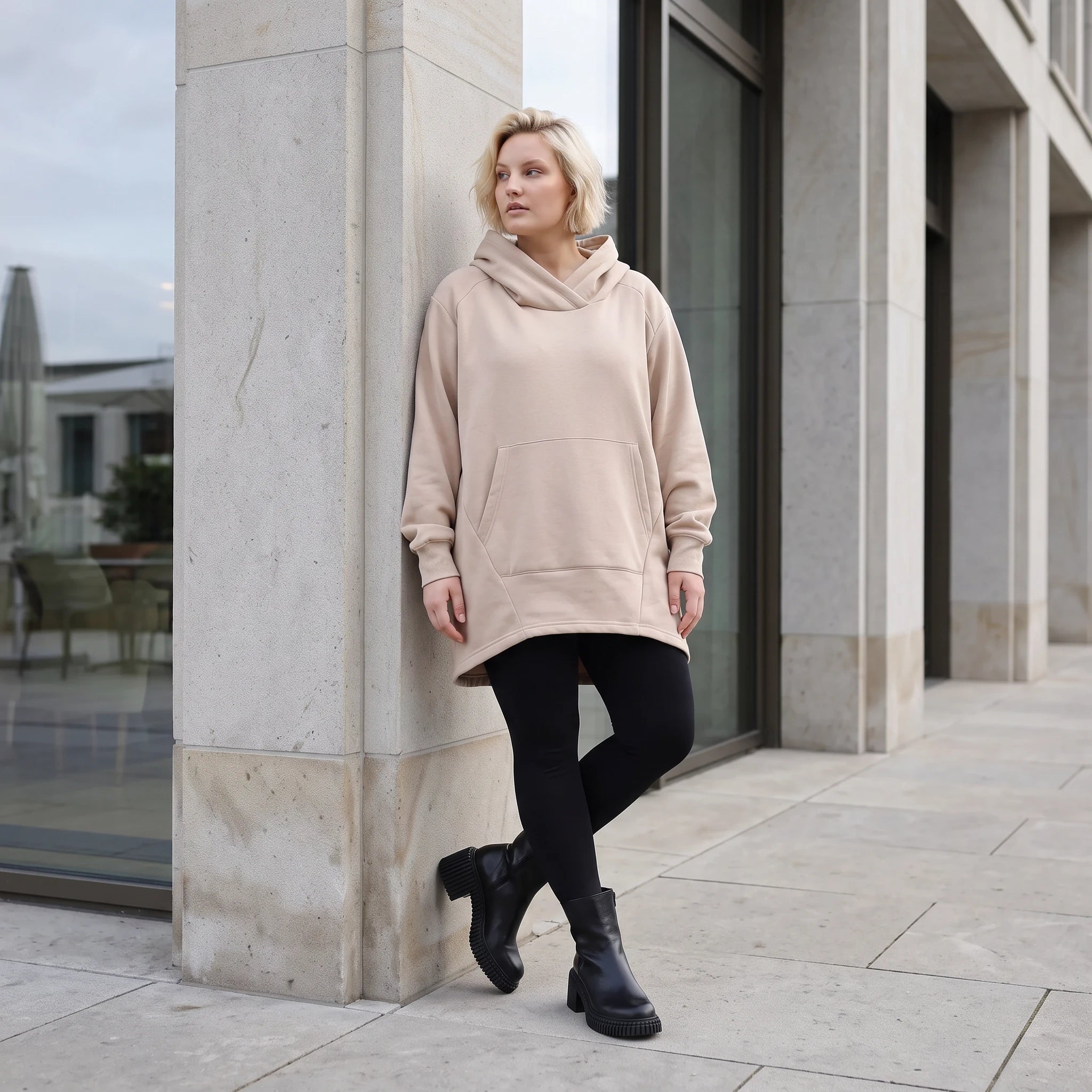 Damen Hoody Lagenlook Baumwolle Sand, gerundeter Schnitt, 7/8-Arm, Kängurutasche, Oversize große Größen – Rafay