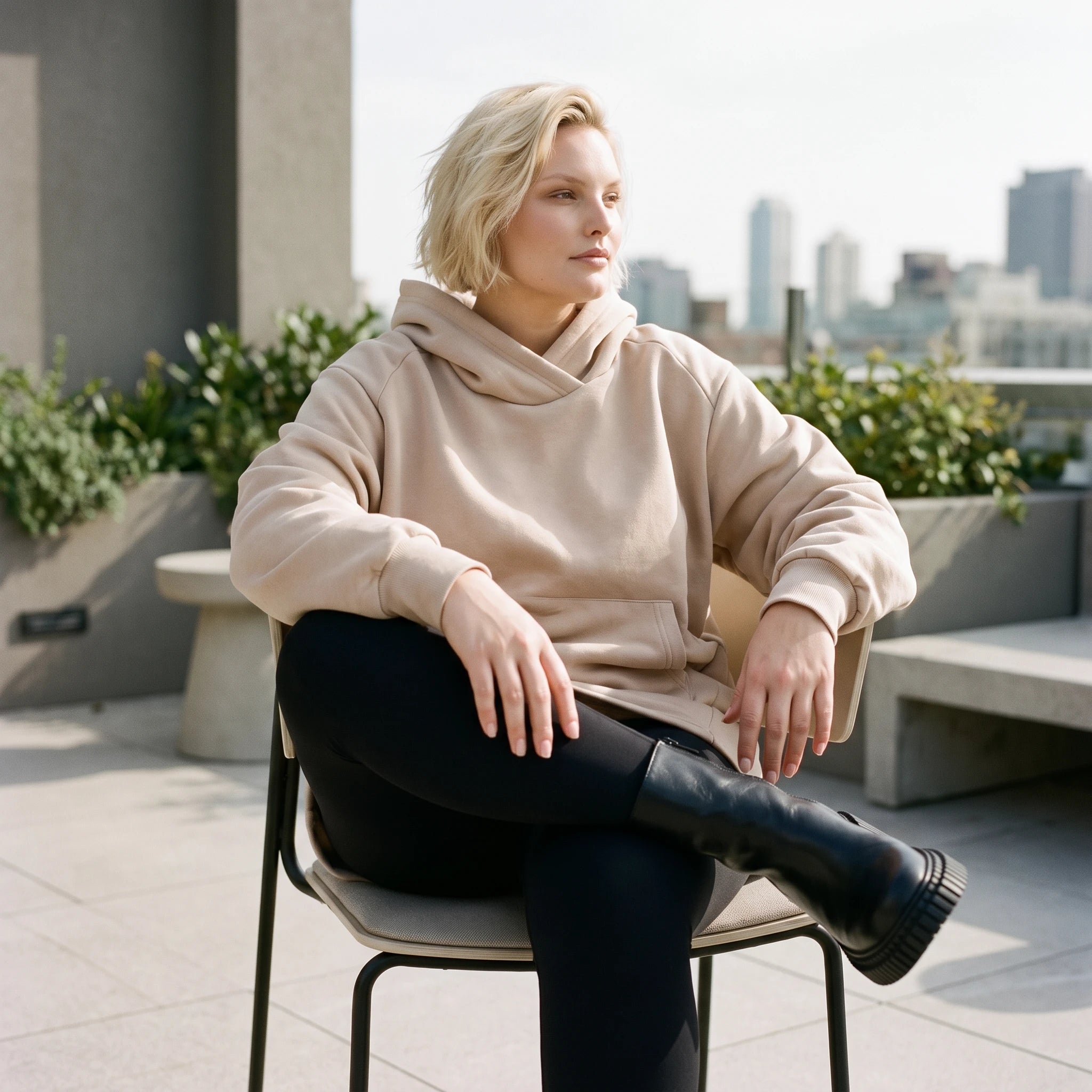 Damen Hoody Lagenlook Baumwolle Sand, gerundeter Schnitt, 7/8-Arm, Kängurutasche, Oversize große Größen – Rafay