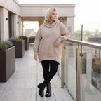 Damen Hoody Lagenlook Baumwolle Sand, gerundeter Schnitt, 7/8-Arm, Kängurutasche, Oversize große Größen – Rafay