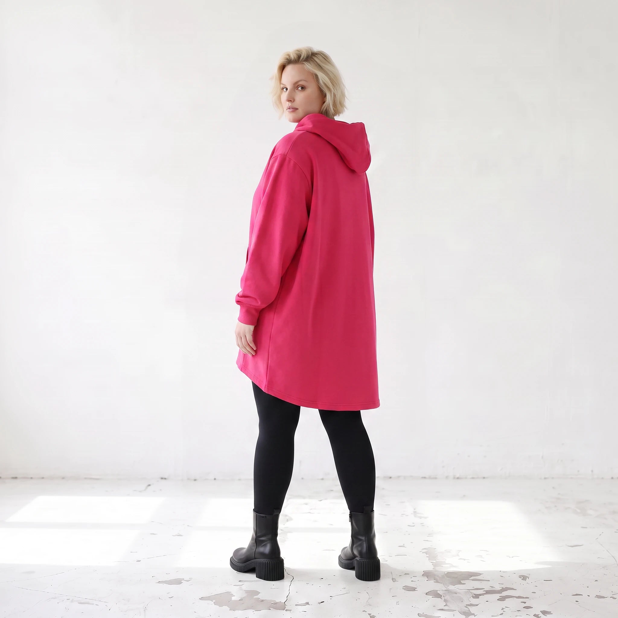 Damen Hoody Lagenlook Baumwolle Pink, gerundeter Schnitt, Kängurutasche, Oversize große Größen – Rafay