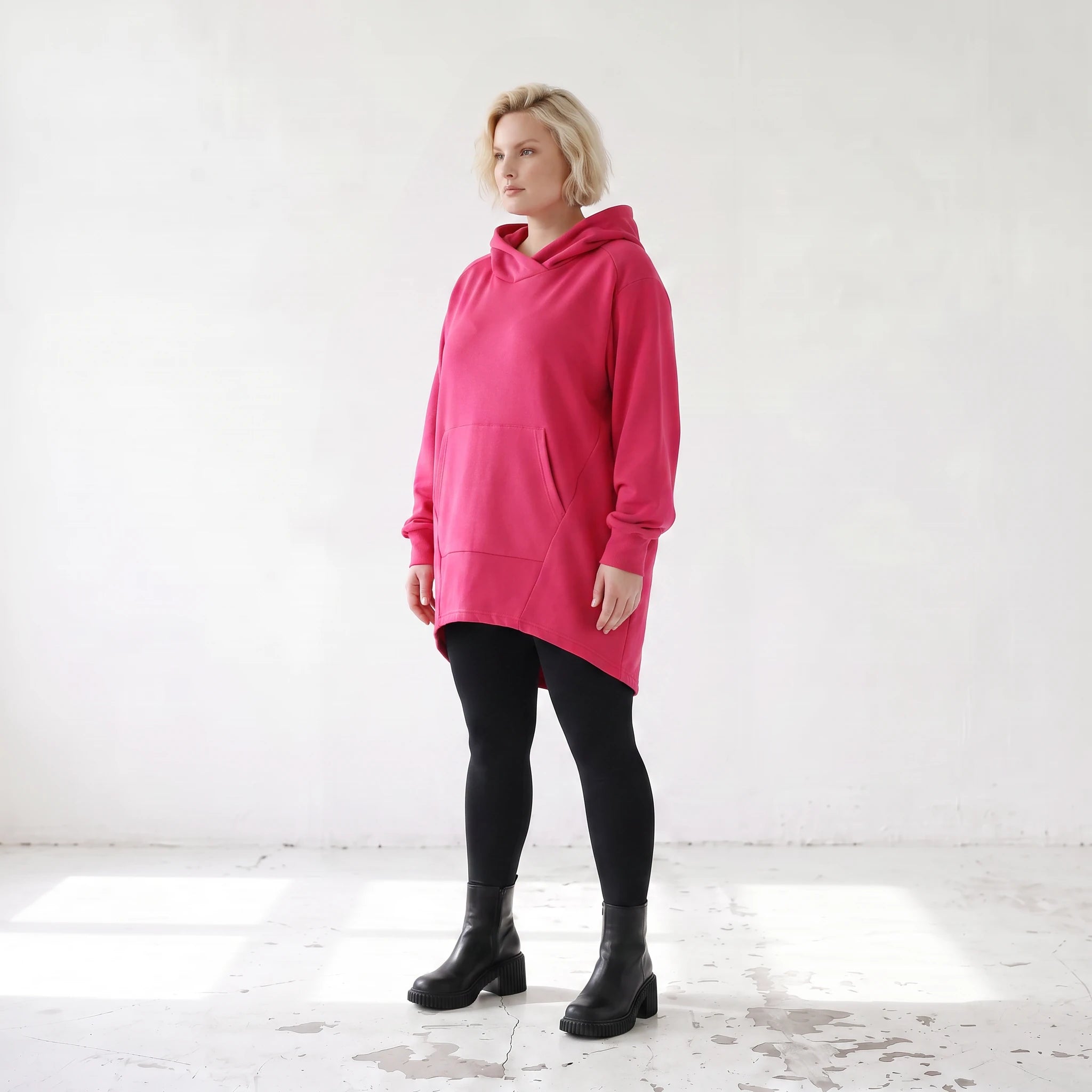Damen Hoody Lagenlook Baumwolle Pink, gerundeter Schnitt, Kängurutasche, Oversize große Größen – Rafay