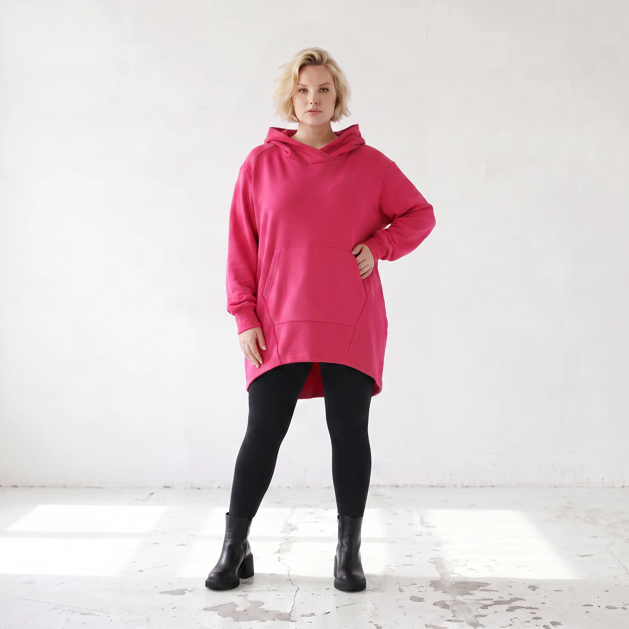 Damen Hoody Lagenlook Baumwolle Pink, gerundeter Schnitt, Kängurutasche, Oversize große Größen – Rafay