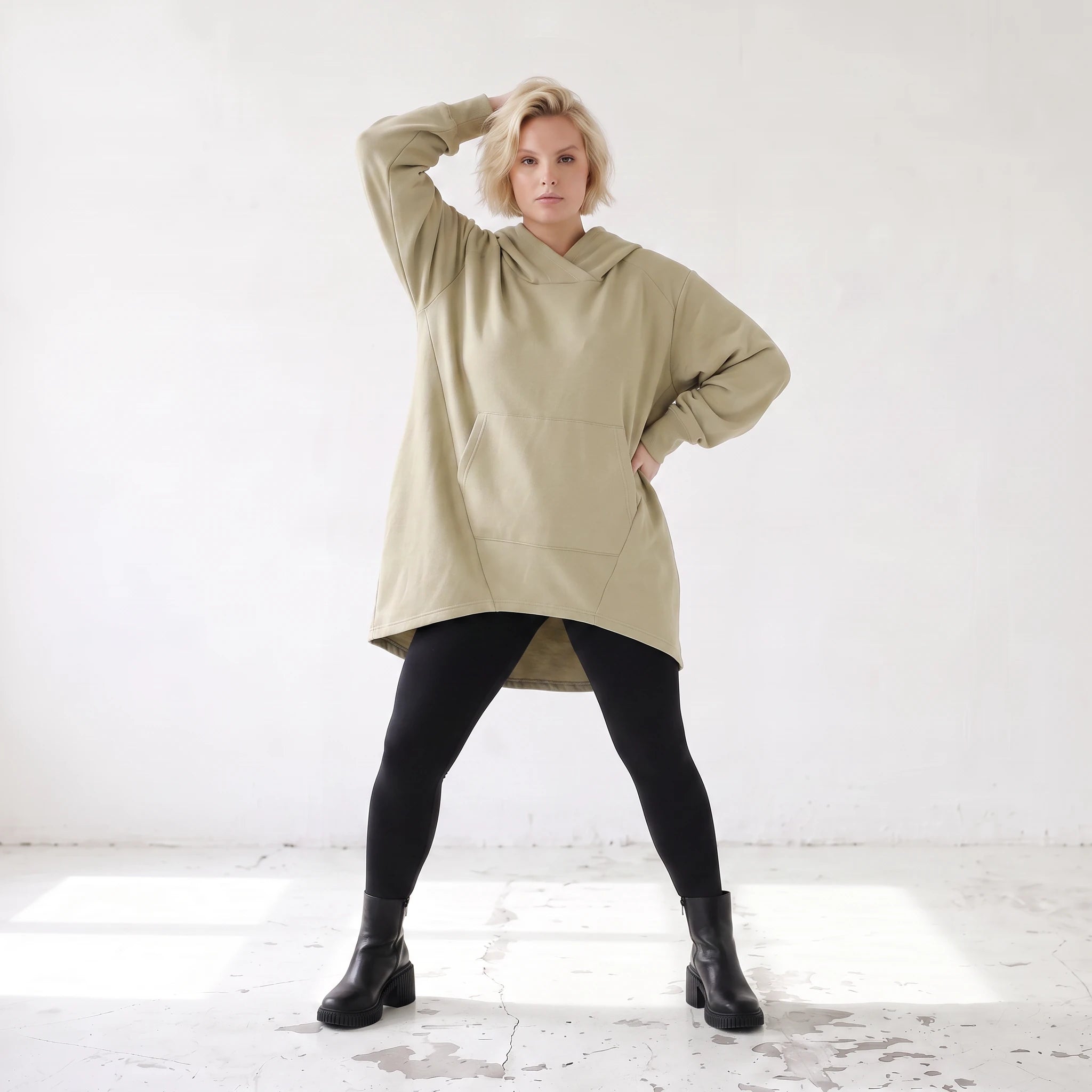 Damen Hoody Lagenlook Baumwolle Beige, gerundeter Schnitt, 7/8-Arm, Kängurutasche, Oversize große Größen – Rafay