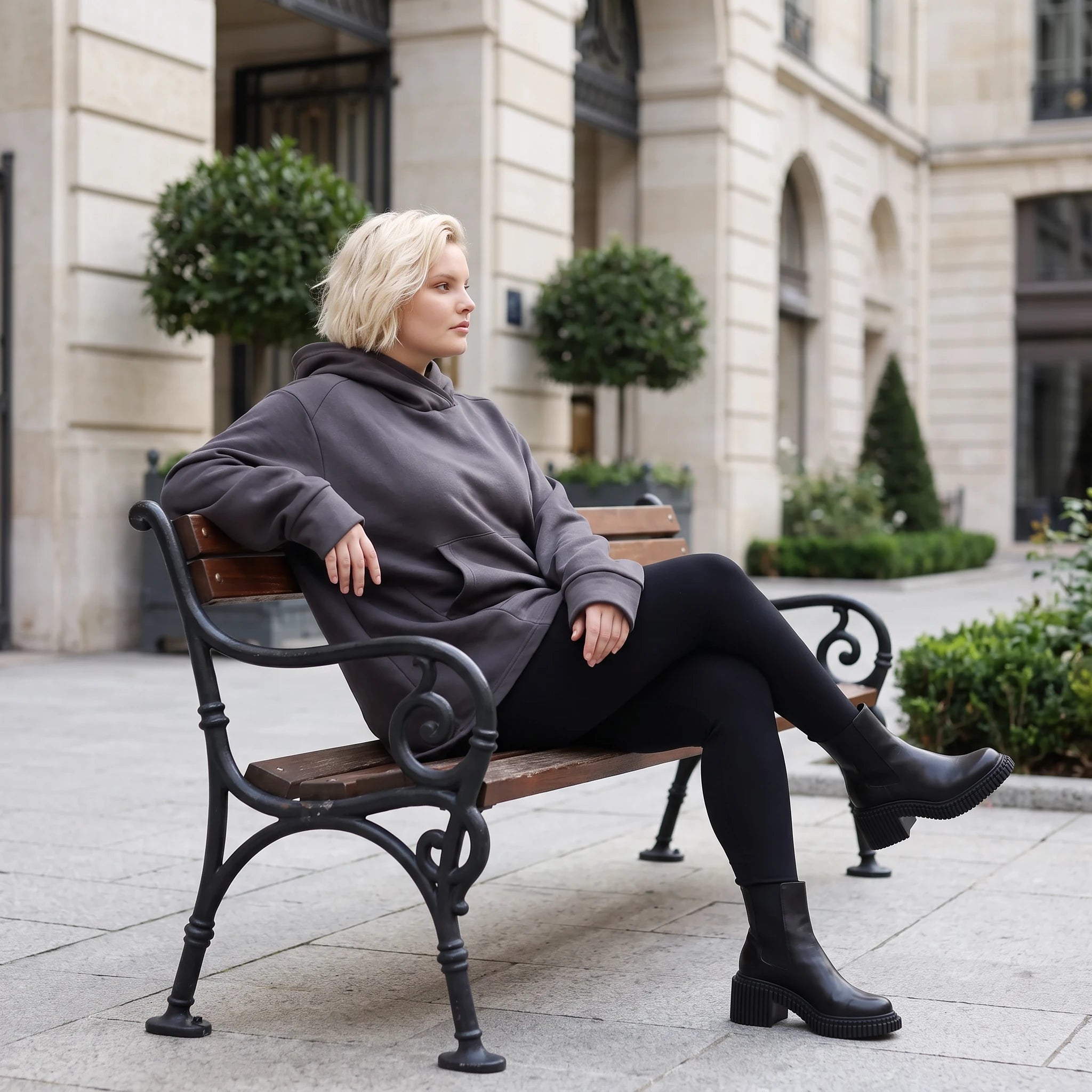 Damen Hoody Lagenlook Baumwolle Dunkelgrau, gerundeter Schnitt, Kängurutasche, Oversize große Größen – Rafay