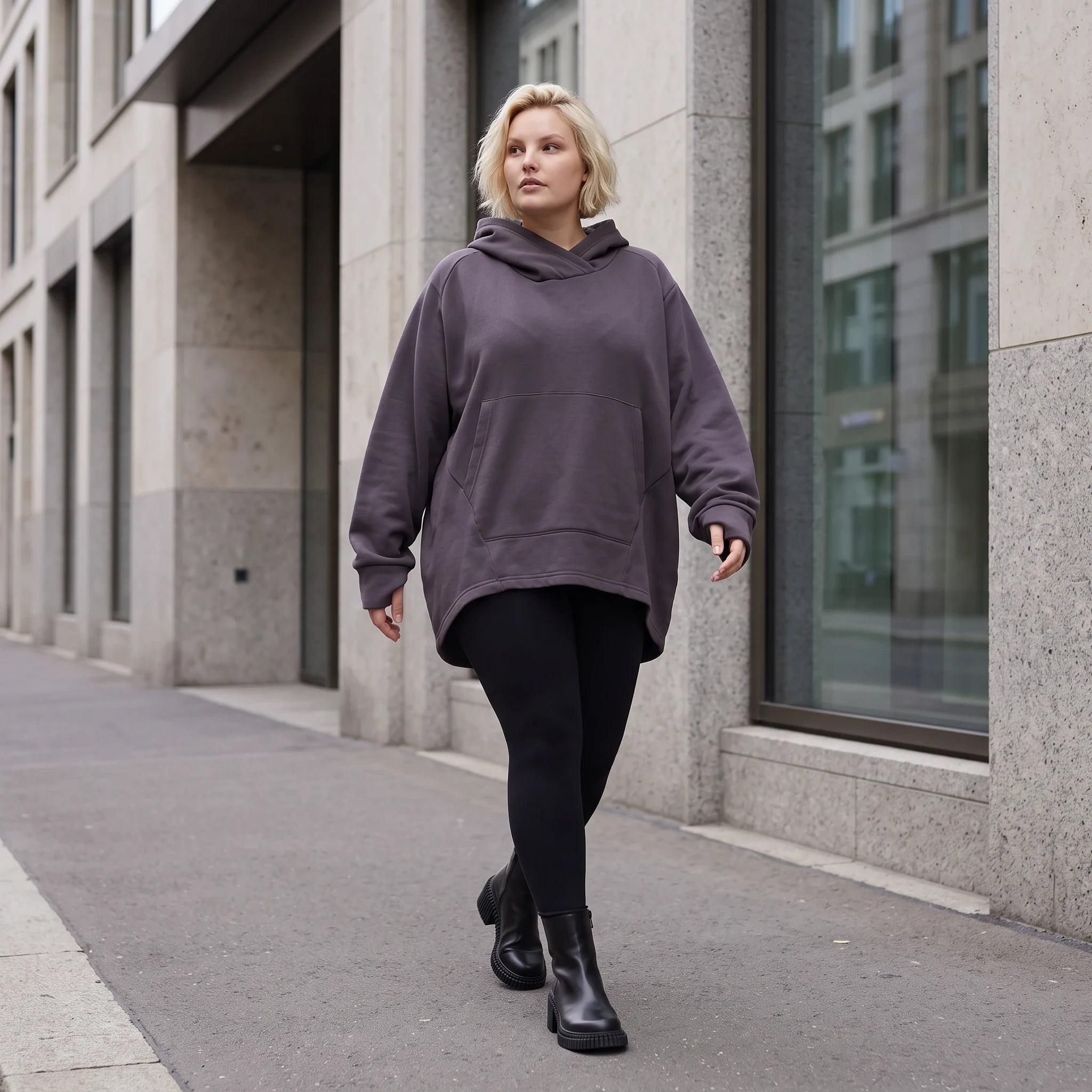Damen Hoody Lagenlook Baumwolle Dunkelgrau, gerundeter Schnitt, Kängurutasche, Oversize große Größen – Rafay