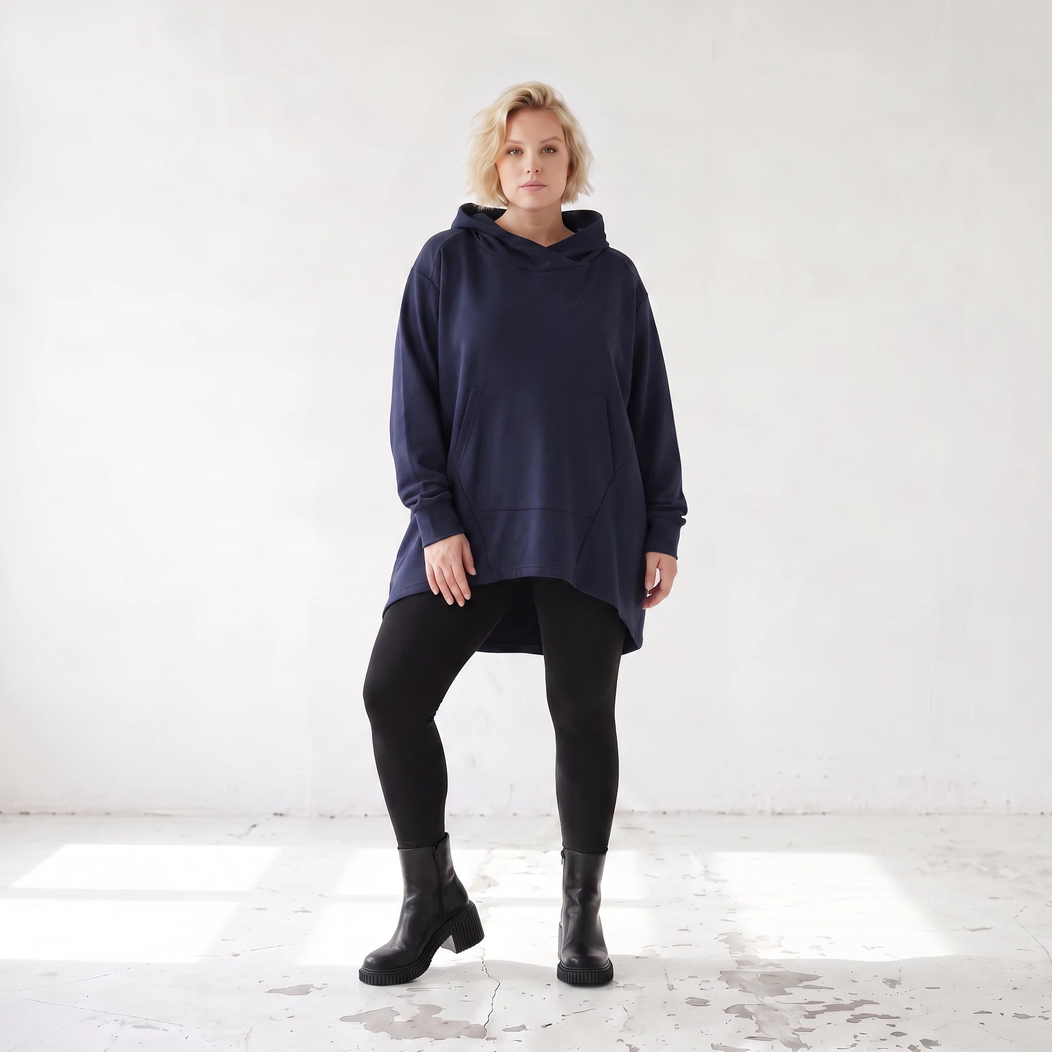 Damen Hoody Lagenlook Baumwolle Dunkelblau, gerundeter Schnitt, Kapuze, Oversize große Größen – Rafay