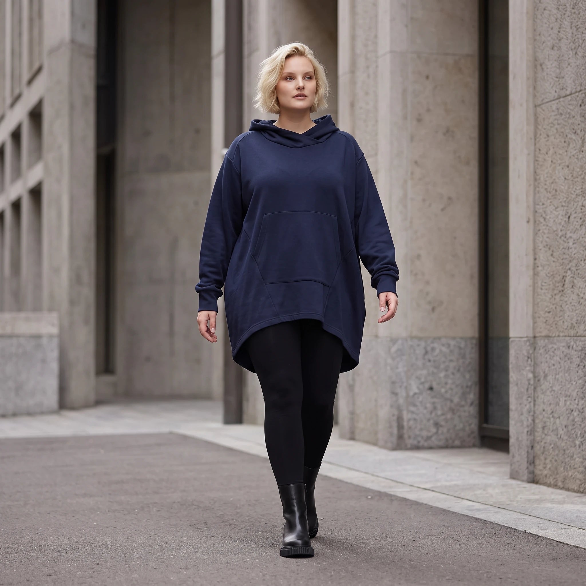 Damen Hoody Lagenlook Baumwolle Dunkelblau, gerundeter Schnitt, Kapuze, Oversize große Größen – Rafay