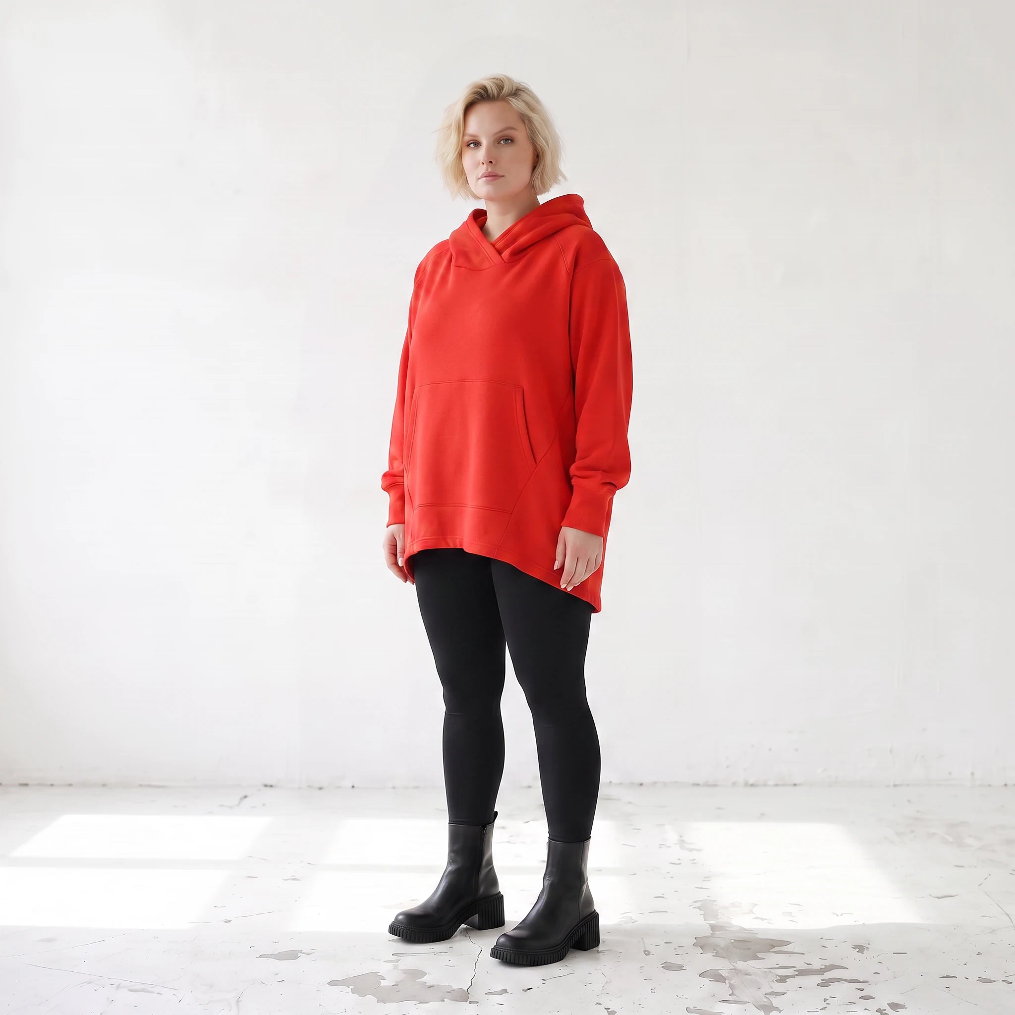 Damen Hoody Lagenlook Baumwolle Rot, gerundeter Schnitt, 7/8-Arm, Kängurutasche, Oversize große Größen – Rafay