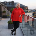 Damen Hoody Lagenlook Baumwolle Rot, gerundeter Schnitt, 7/8-Arm, Kängurutasche, Oversize große Größen – Rafay