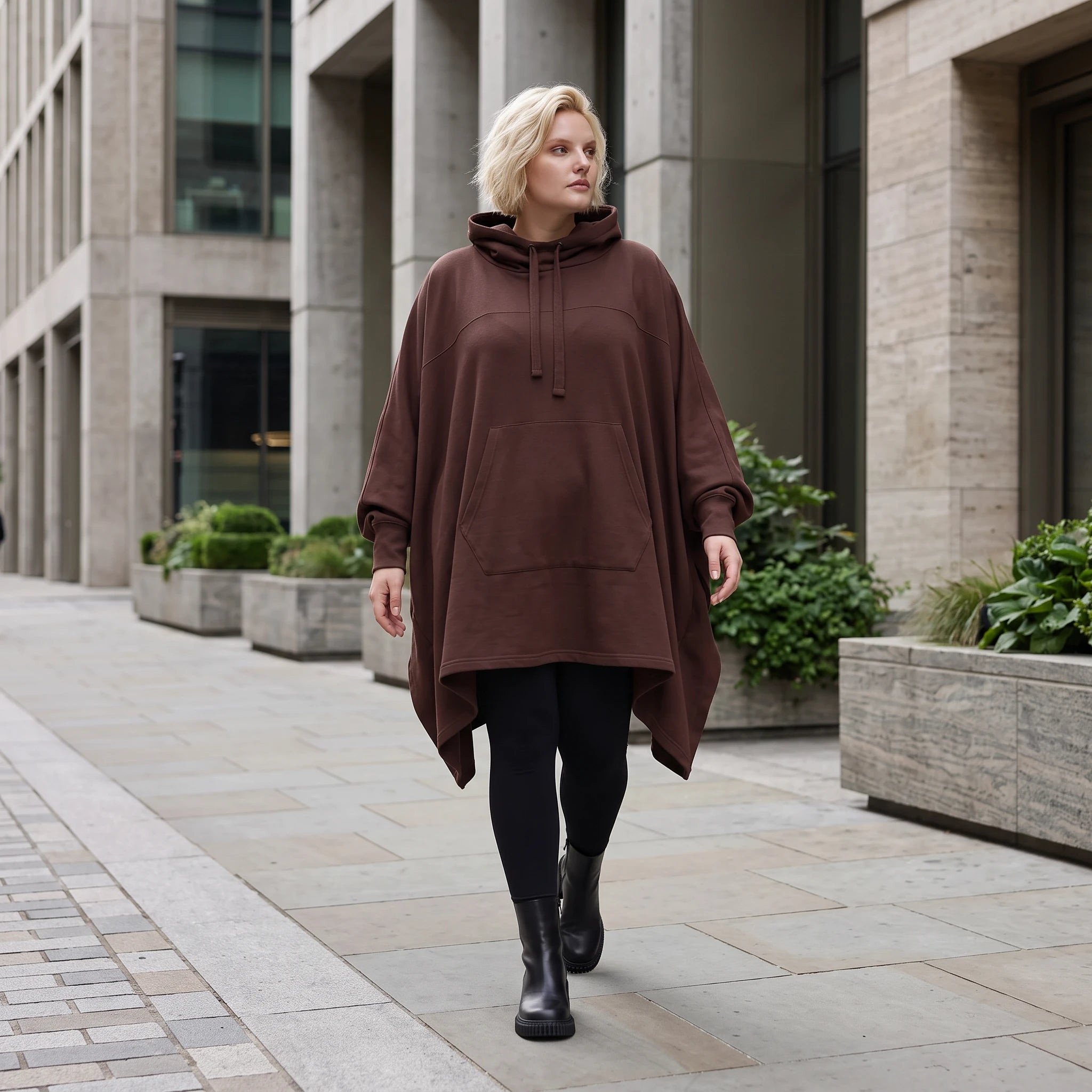 Damen Poncho Lagenlook Baumwolle Schokobraun, kastiger Schnitt, Kapuze, Oversize große Größen – Rafay