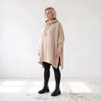 Damen Poncho Lagenlook Baumwolle Sand, kastiger Schnitt, Kapuze, Oversize große Größen – Rafay