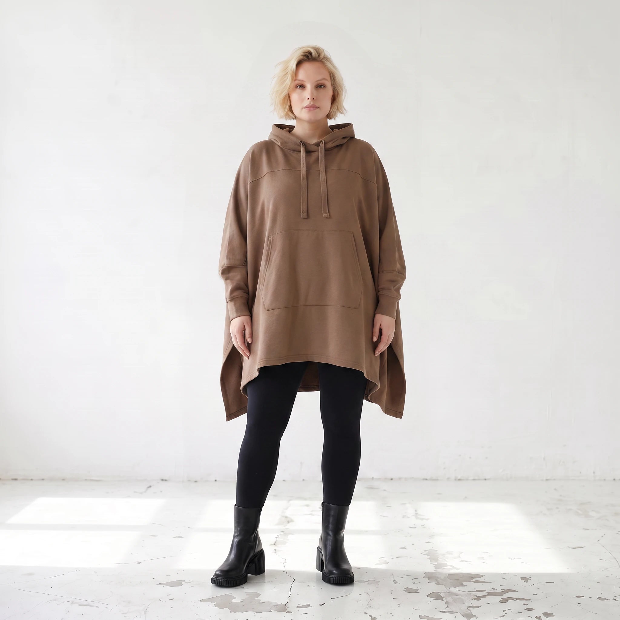 Damen Poncho Lagenlook Baumwolle Braun, kastiger Schnitt, Kapuze, Oversize große Größen – Rafay
